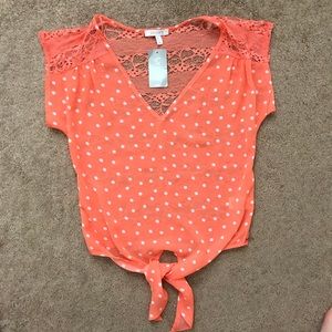 NWT Tie front polka dot blouse with lace back